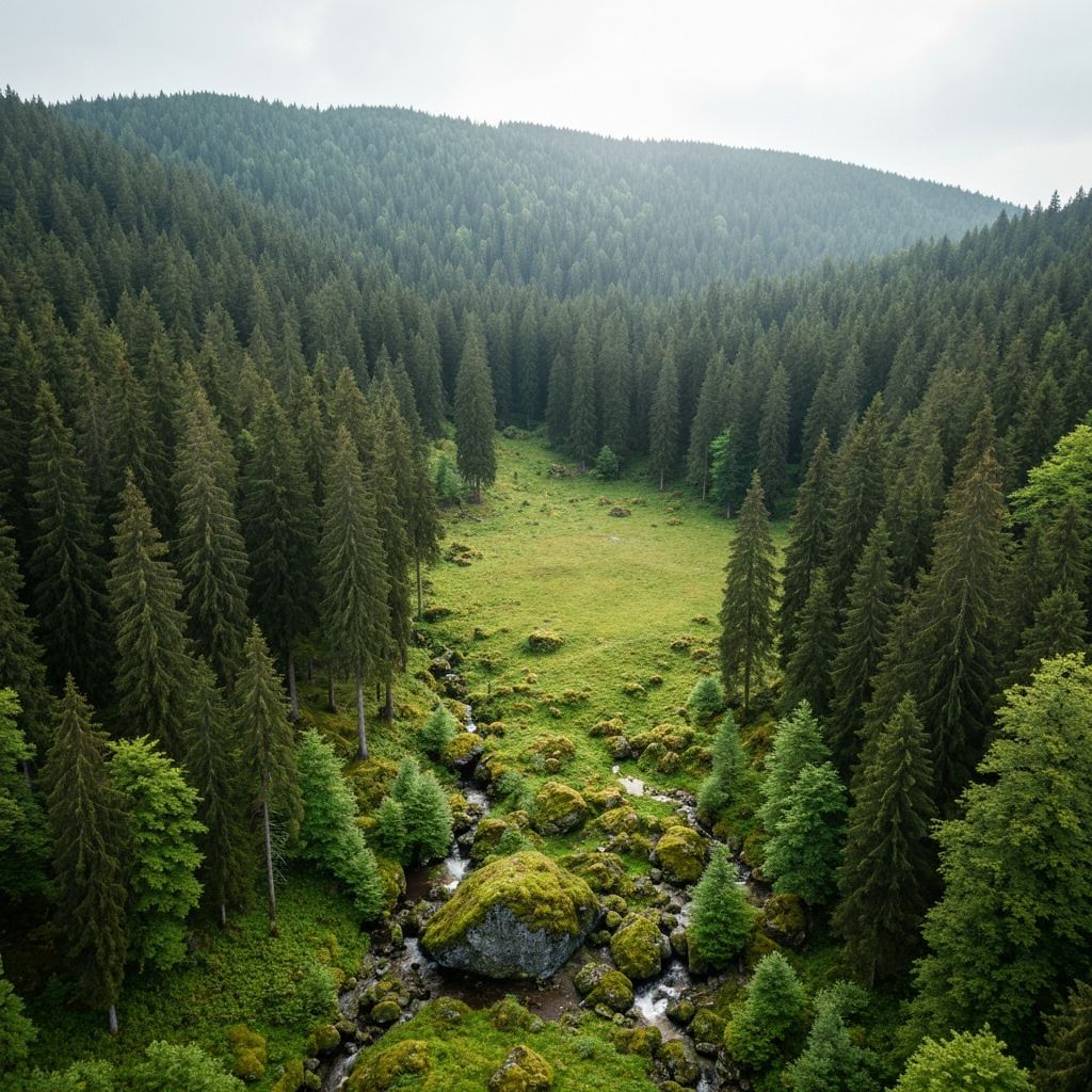 Subcarpathian forests with tall trees in southern Poland